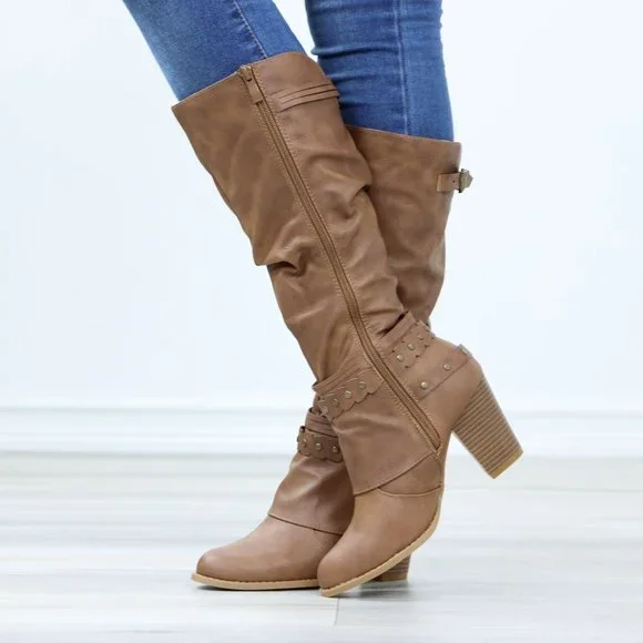 Motorcycle Heeled Boots For Rocker Biker Girls Below The Knee Tan Faux Leather - Picture 8 of 15